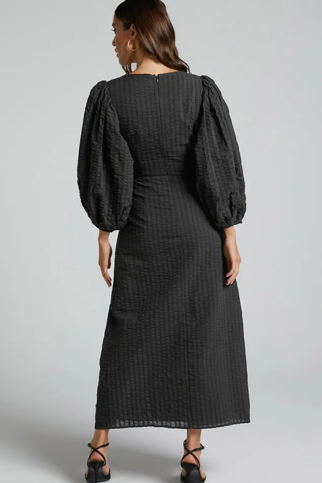 Miggy Midi Dress 8211 Puff Sleeve Cut Out Split Dress In Black Women Showpo Conscious