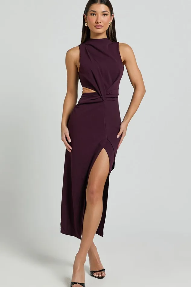 Millie Midi Dress 8211 Front Twist Cut Out Thigh Split Dress In Plum Women Showpo Dresses Millie Midi Dress 8211 Front Twist Cut Out Thigh Split Dress In Plum Women Showpo Dresses