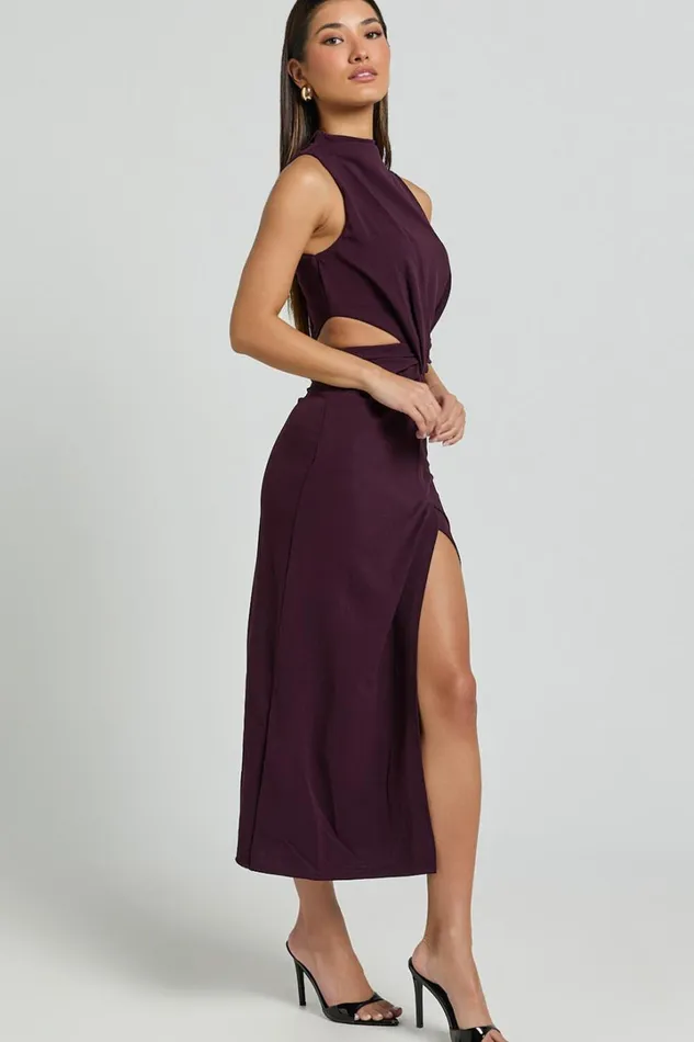 Millie Midi Dress 8211 Front Twist Cut Out Thigh Split Dress In Plum Women Showpo Dresses