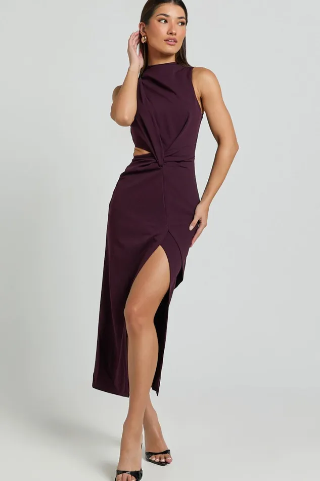 Millie Midi Dress 8211 Front Twist Cut Out Thigh Split Dress In Plum Women Showpo Dresses
