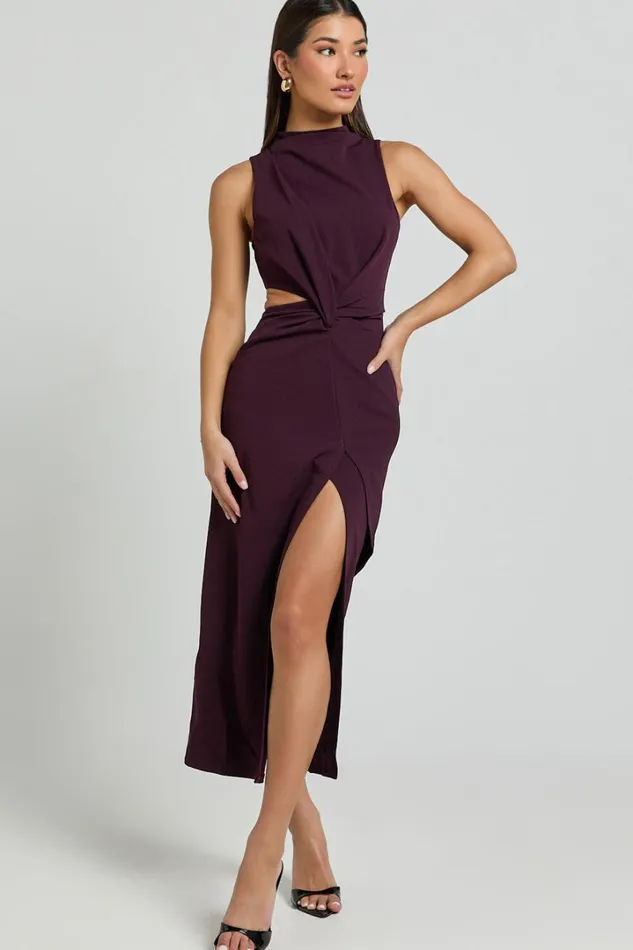 Millie Midi Dress 8211 Front Twist Cut Out Thigh Split Dress In Plum Women Showpo Dresses