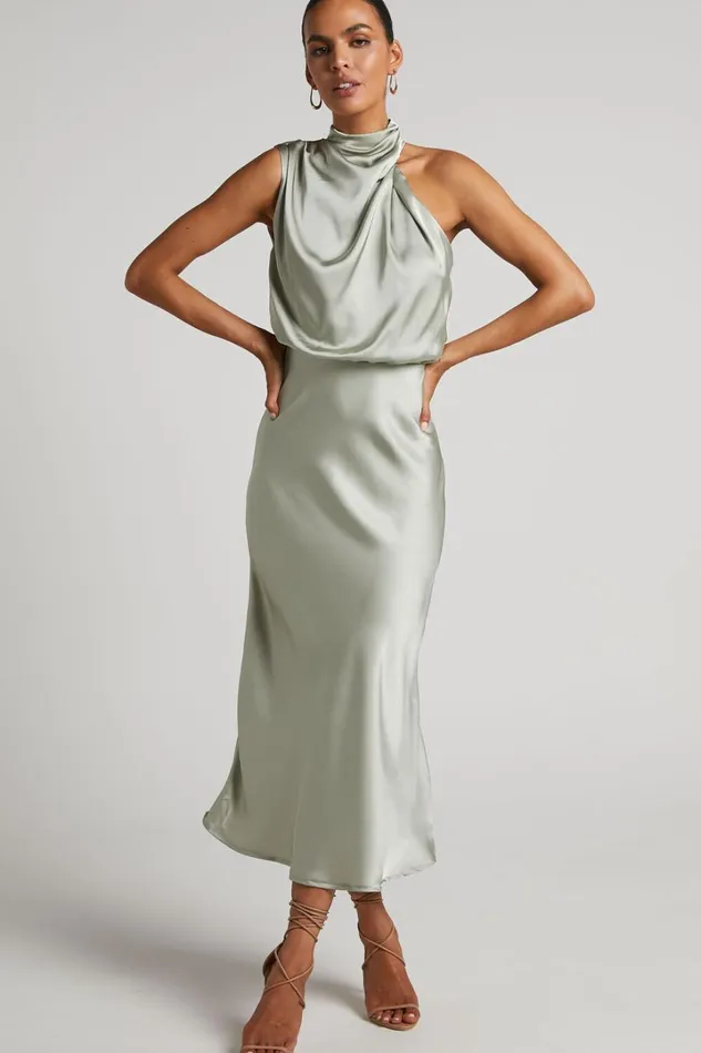 Minnie Midi Dress 8211 Drape Neck Satin Slip Dress In Sage Women Showpo Curve Clothes