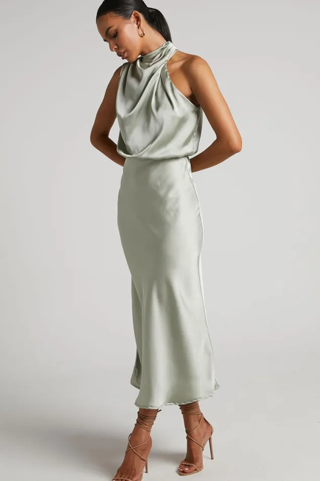 Minnie Midi Dress 8211 Drape Neck Satin Slip Dress In Sage Women Showpo Curve Clothes
