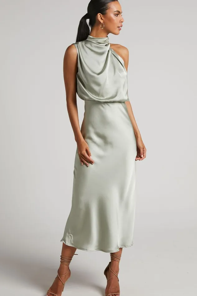 Minnie Midi Dress 8211 Drape Neck Satin Slip Dress In Sage Women Showpo Curve Clothes