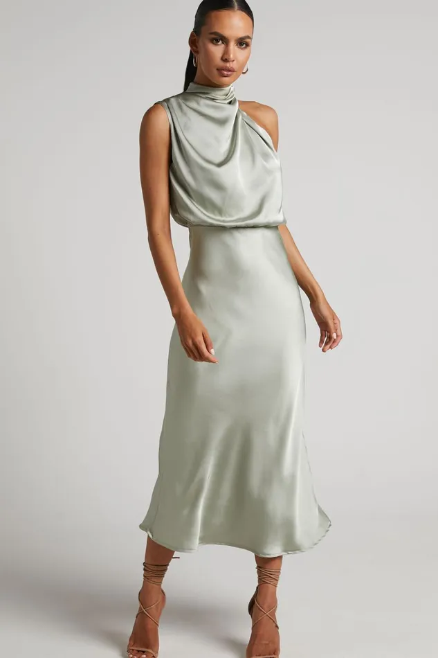 Minnie Midi Dress 8211 Drape Neck Satin Slip Dress In Sage Women Showpo Curve Clothes