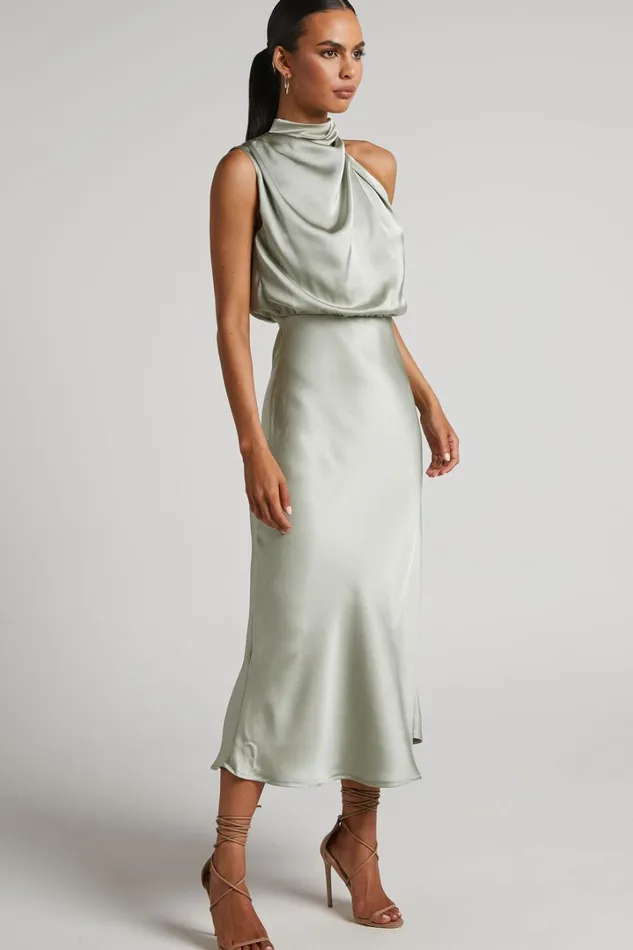 Minnie Midi Dress 8211 Drape Neck Satin Slip Dress In Sage Women Showpo Curve Clothes
