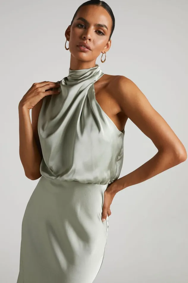 Minnie Midi Dress 8211 Drape Neck Satin Slip Dress In Sage Women Showpo Curve Clothes