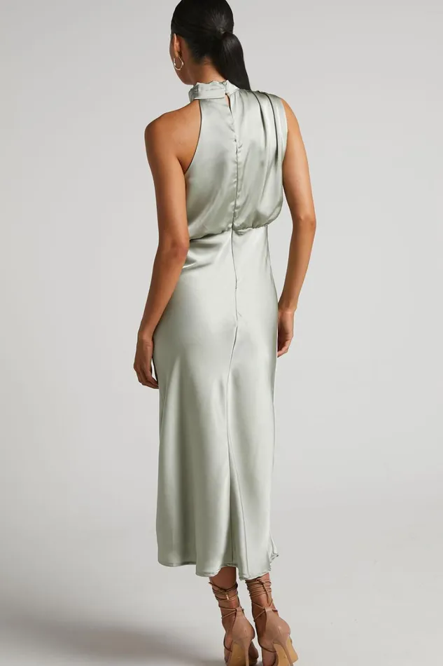Minnie Midi Dress 8211 Drape Neck Satin Slip Dress In Sage Women Showpo Curve Clothes