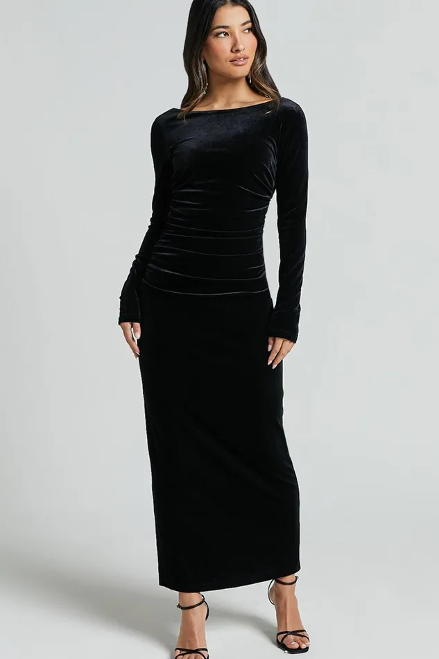 Mirabelle Midi Dress 8211 Long Sleeve Back Cut Out Ruched Velvet Dress In Black Women Showpo Curve Clothes