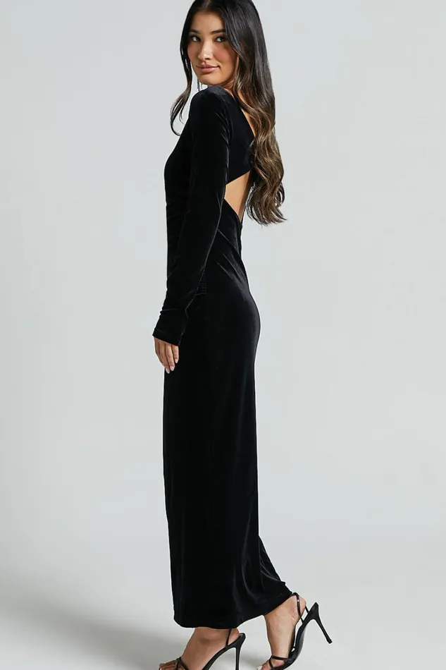 Mirabelle Midi Dress 8211 Long Sleeve Back Cut Out Ruched Velvet Dress In Black Women Showpo Curve Clothes