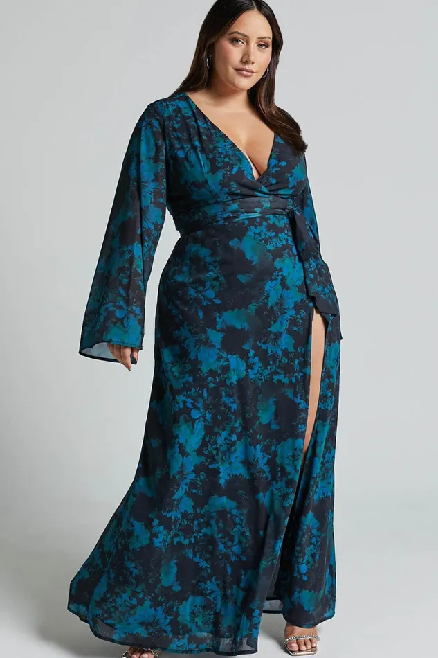 Mirski Midi Dress 8211 Tie Waist Flared Sleeve Dress In Jewel Blur Women Showpo Curve Clothes