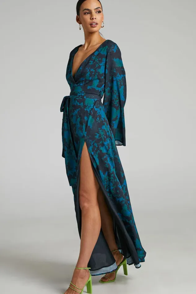 Mirski Midi Dress 8211 Tie Waist Flared Sleeve Dress In Jewel Blur Women Showpo Curve Clothes