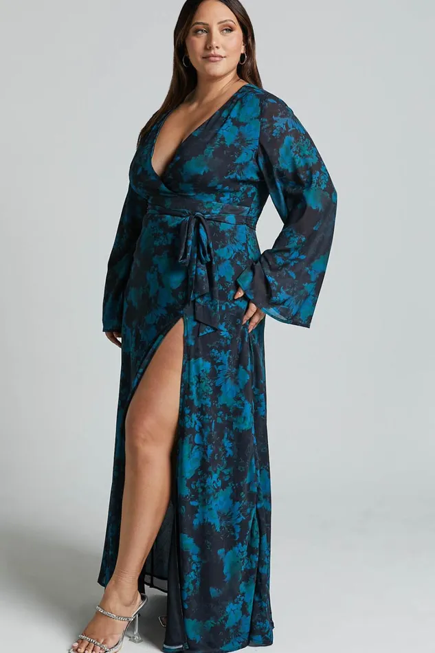 Mirski Midi Dress 8211 Tie Waist Flared Sleeve Dress In Jewel Blur Women Showpo Curve Clothes