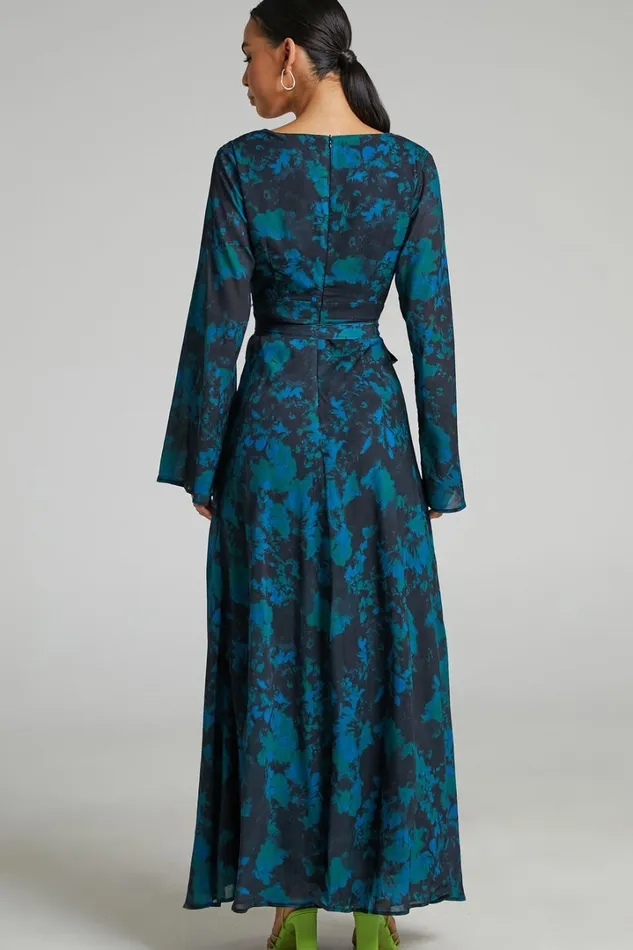 Mirski Midi Dress 8211 Tie Waist Flared Sleeve Dress In Jewel Blur Women Showpo Curve Clothes