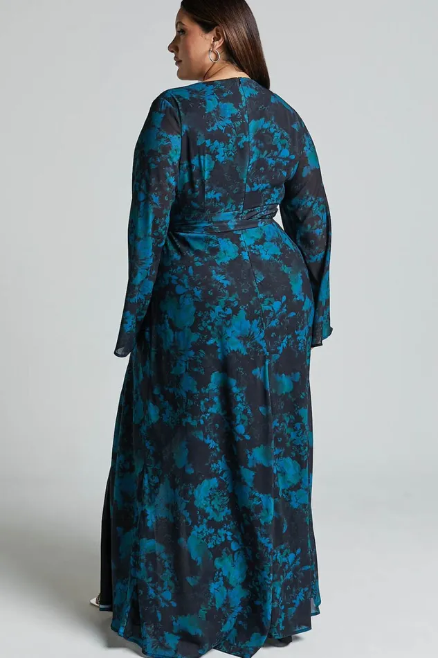 Mirski Midi Dress 8211 Tie Waist Flared Sleeve Dress In Jewel Blur Women Showpo Curve Clothes
