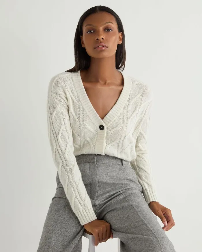 NPeal Cardigans Women V Neck Cable Cashmere Cardigan With Lurex Snow Grey Sparkle