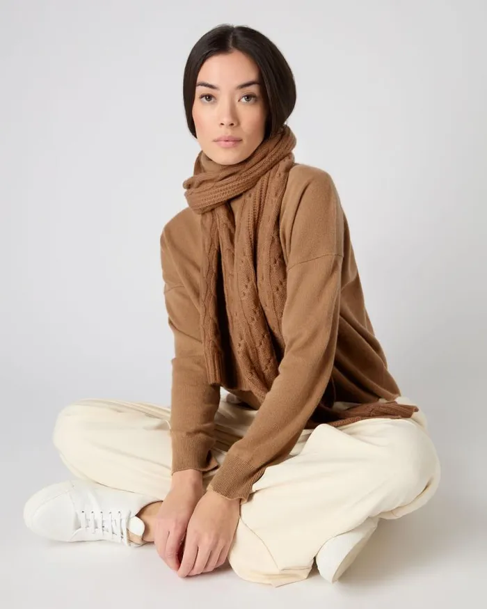 NPeal Cashmere Scarves Women Cable Rib Cashmere Scarf Dark Camel Brown