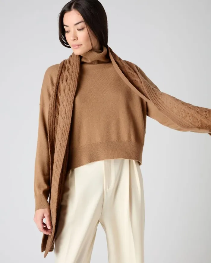 NPeal Cashmere Scarves Women Cable Rib Cashmere Scarf Dark Camel Brown