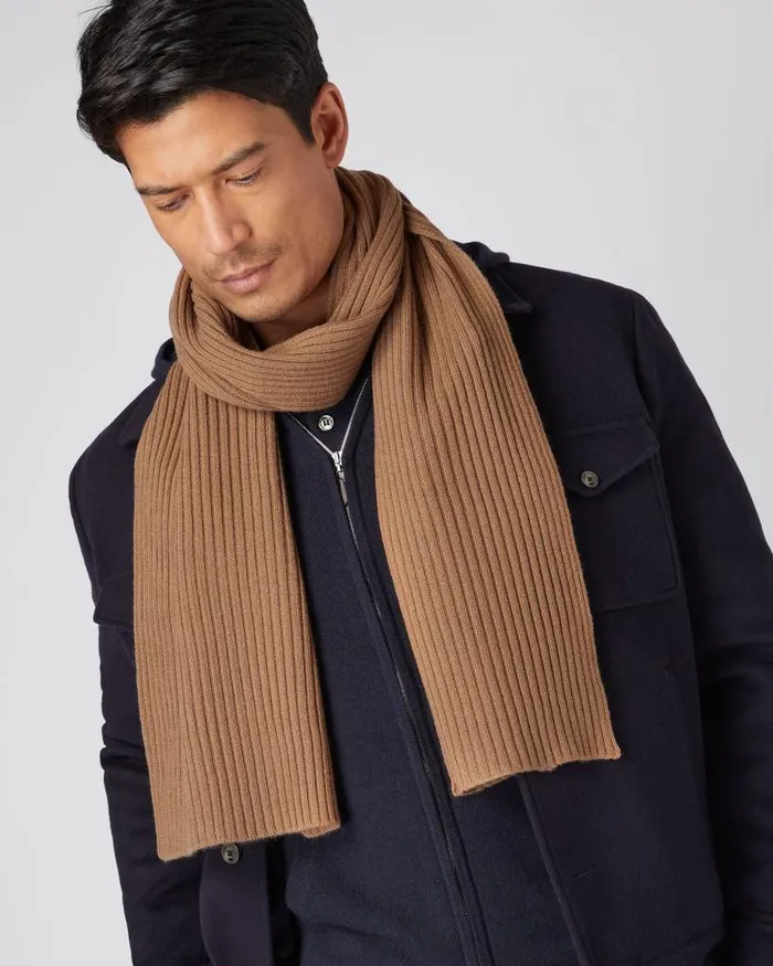 NPeal Cashmere Scarves WomenMen Unisex Short Ribbed Cashmere Scarf Dark Camel Brown