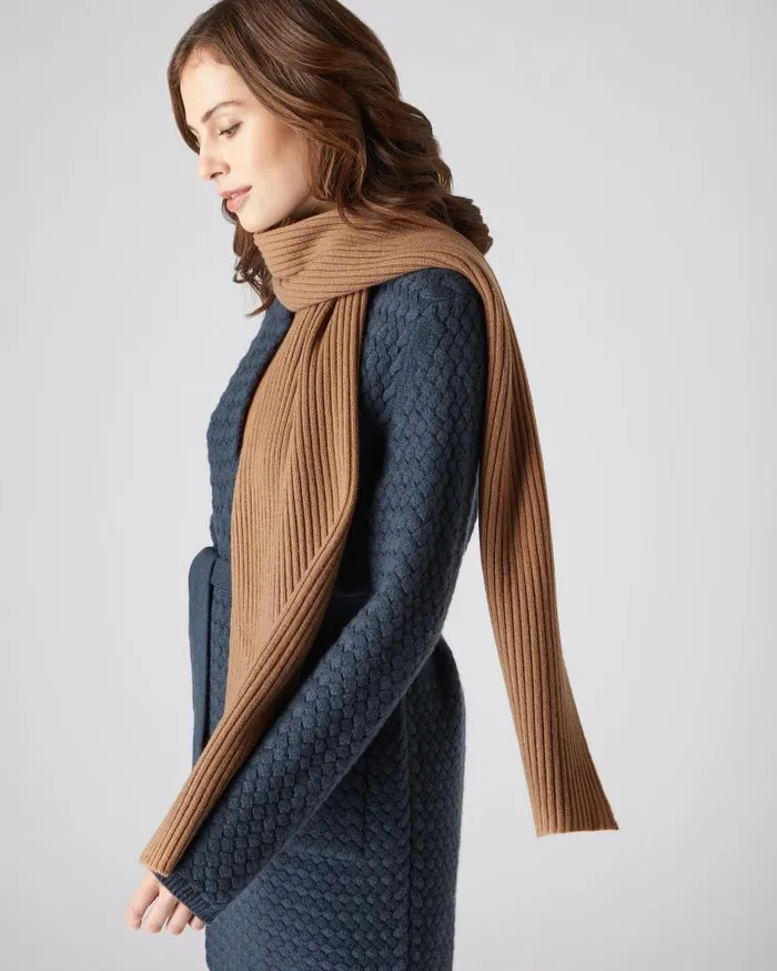 NPeal Cashmere Scarves WomenMen Unisex Short Ribbed Cashmere Scarf Dark Camel Brown