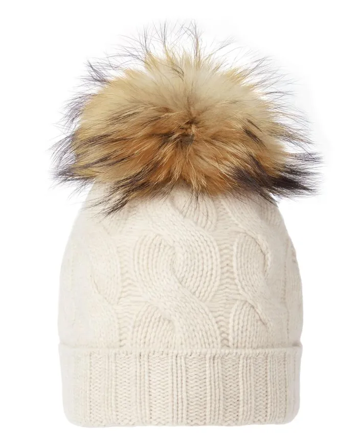 NPeal Hats WomenMen Unisex Chunky Cable Cashmere Hat With Pom Heather Beige Brown