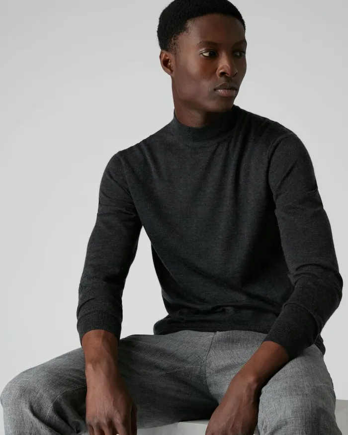NPeal Jumpers Men 007 Fine Gauge Cashmere Turtle Neck Jumper Dark Charcoal Grey