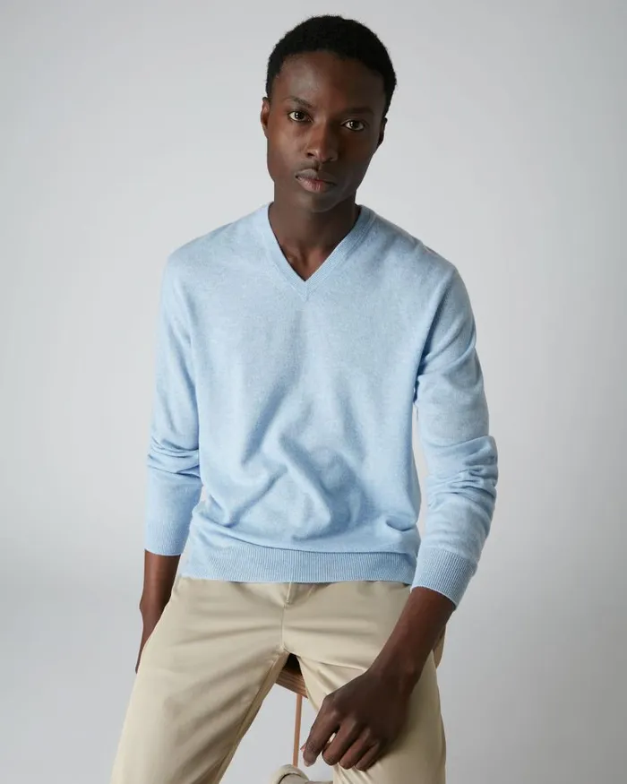 NPeal Jumpers Men Burlington V Neck Cashmere Jumper Cornflower Blue