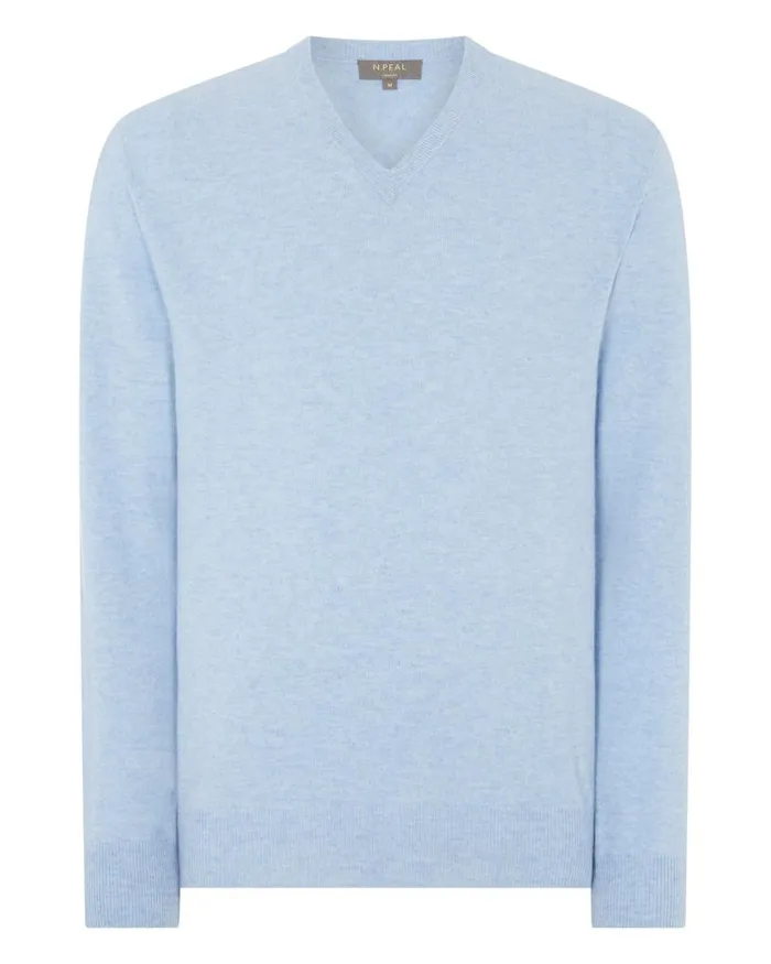 NPeal Jumpers Men Burlington V Neck Cashmere Jumper Cornflower Blue