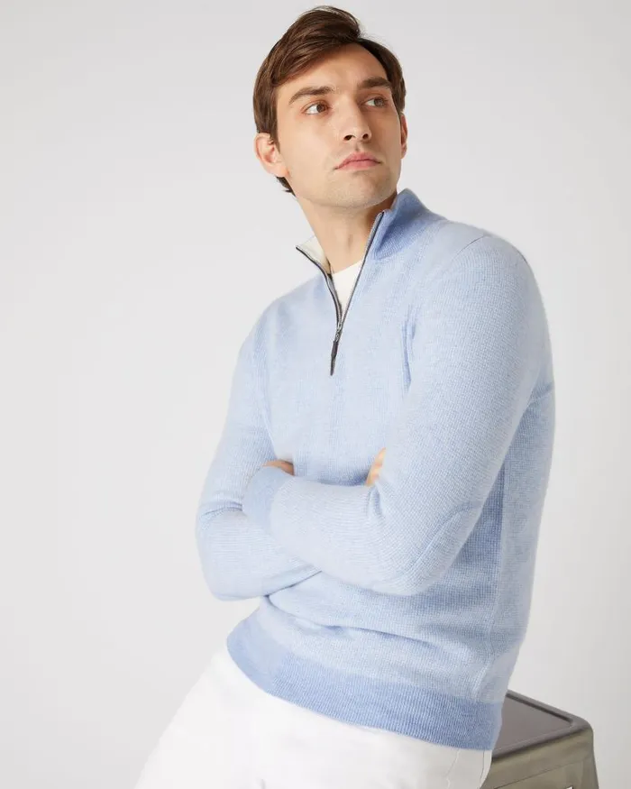 NPeal Jumpers Men Carnaby Birdseye Half Zip Cashmere Jumper Cornflower Blue