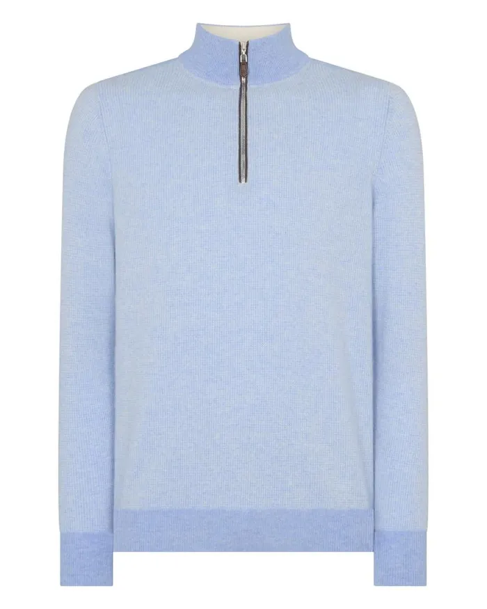 NPeal Jumpers Men Carnaby Birdseye Half Zip Cashmere Jumper Cornflower Blue