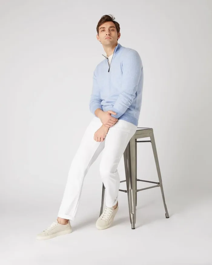 NPeal Jumpers Men Carnaby Birdseye Half Zip Cashmere Jumper Cornflower Blue