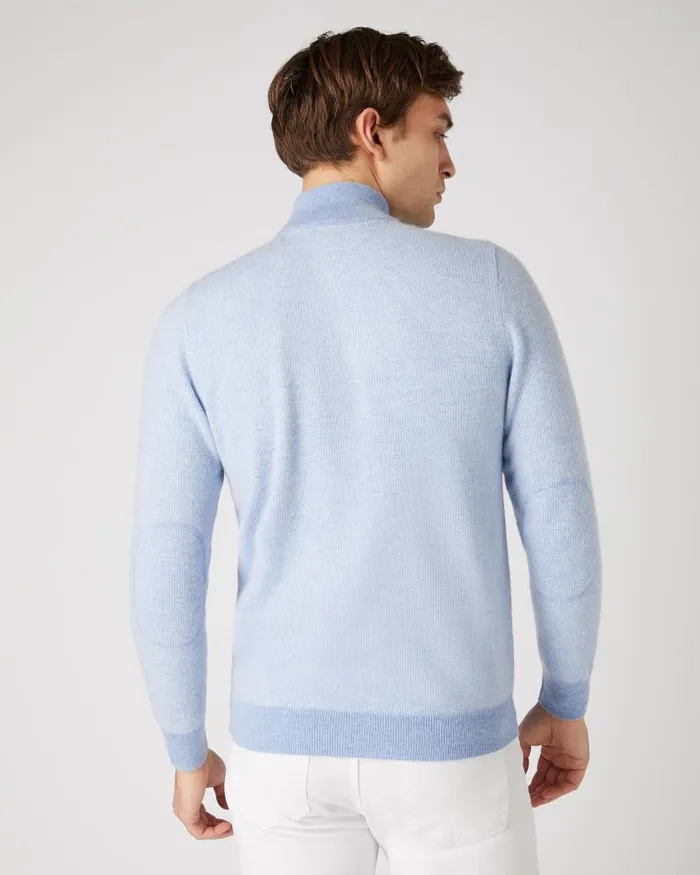 NPeal Jumpers Men Carnaby Birdseye Half Zip Cashmere Jumper Cornflower Blue