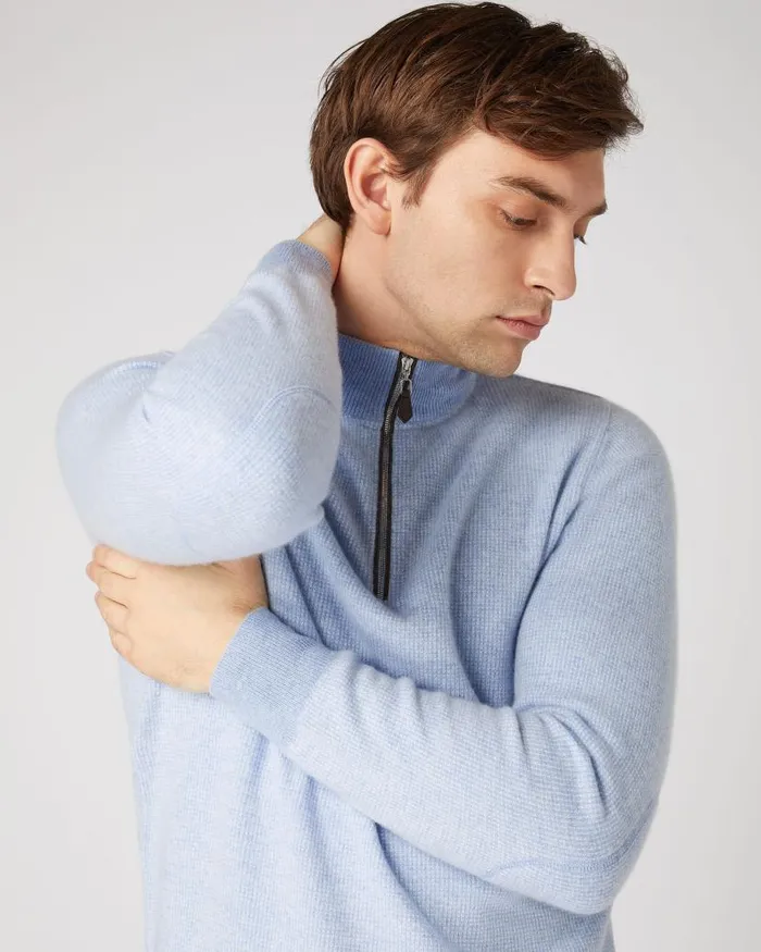 NPeal Jumpers Men Carnaby Birdseye Half Zip Cashmere Jumper Cornflower Blue