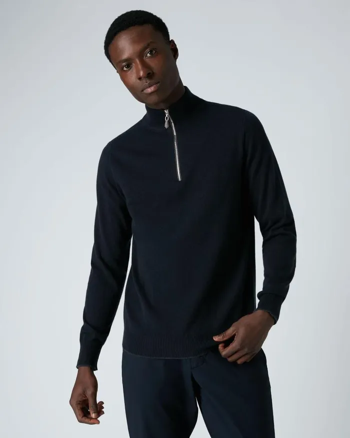 NPeal Jumpers Men Carnaby Half Zip Cashmere Jumper Navy Blue