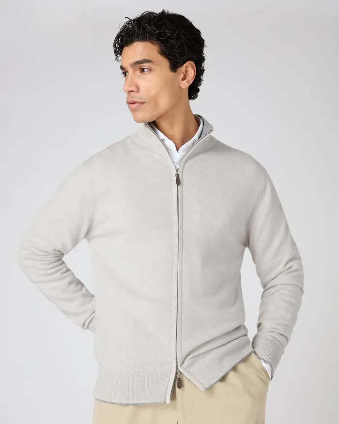 NPeal Jumpers Men Knightsbridge Full Zip Cashmere Jumper Pebble Grey