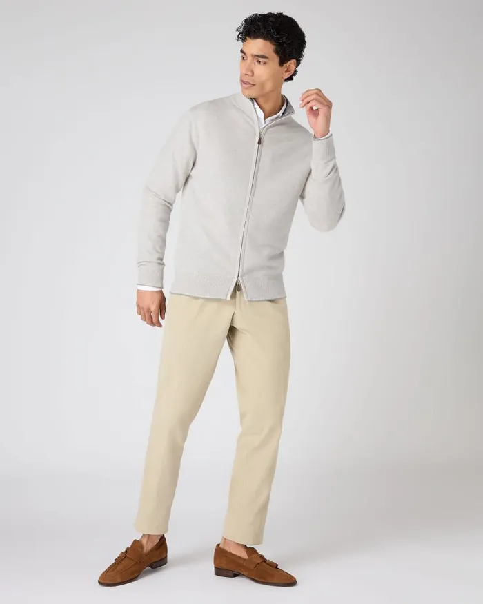 NPeal Jumpers Men Knightsbridge Full Zip Cashmere Jumper Pebble Grey