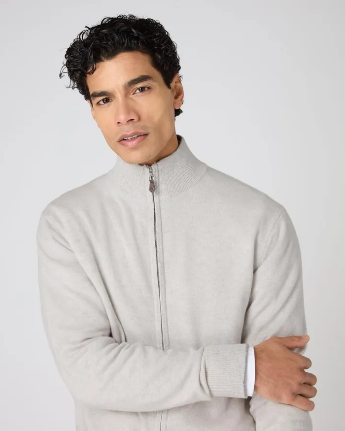 NPeal Jumpers Men Knightsbridge Full Zip Cashmere Jumper Pebble Grey
