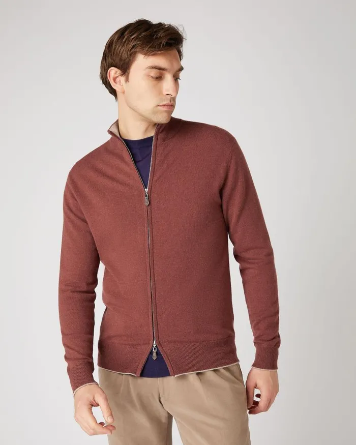NPeal Jumpers Men Knightsbridge Full Zip Cashmere Jumper Terracotta Brown