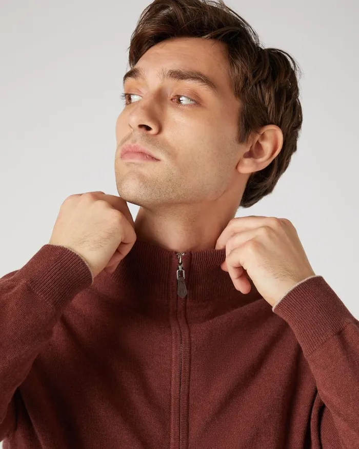 NPeal Jumpers Men Knightsbridge Full Zip Cashmere Jumper Terracotta Brown