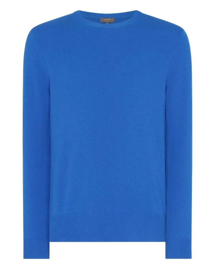 NPeal Jumpers Men Oxford Round Neck Cashmere Jumper Sonic Blue