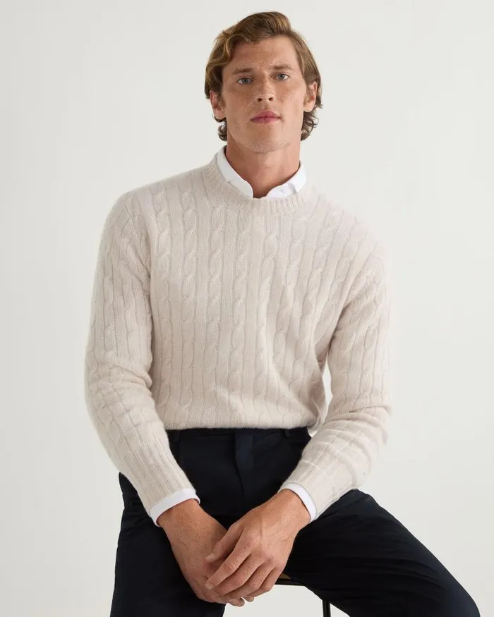 NPeal Jumpers Men Thames Cable Round Neck Cashmere Jumper Frost White