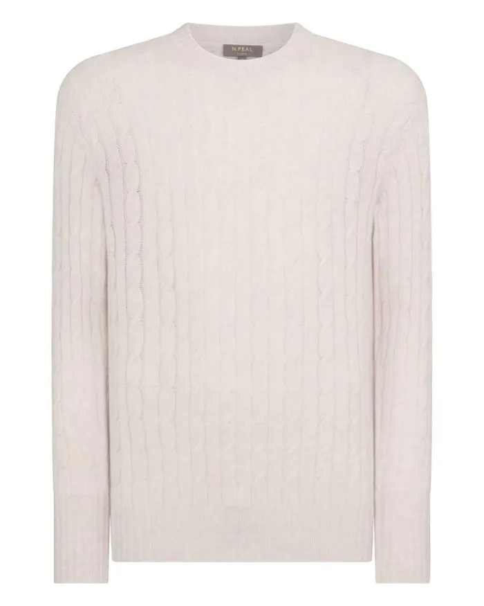 NPeal Jumpers Men Thames Cable Round Neck Cashmere Jumper Frost White