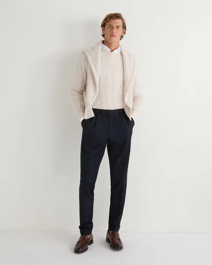 NPeal Jumpers Men Thames Cable Round Neck Cashmere Jumper Frost White