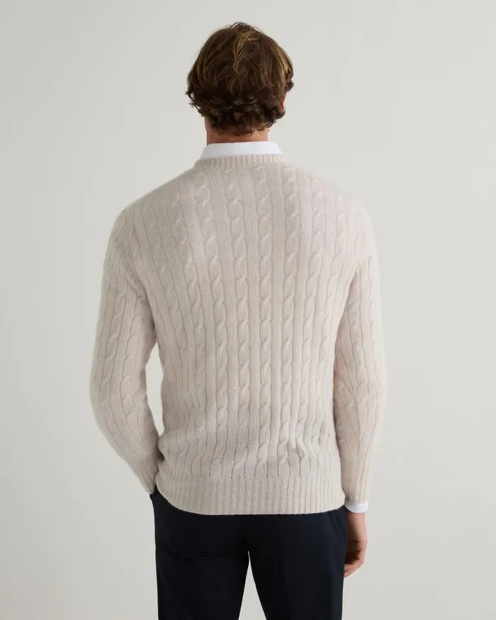 NPeal Jumpers Men Thames Cable Round Neck Cashmere Jumper Frost White