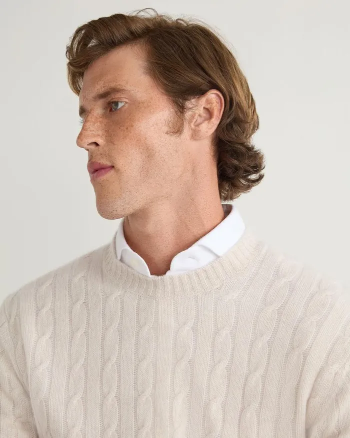 NPeal Jumpers Men Thames Cable Round Neck Cashmere Jumper Frost White