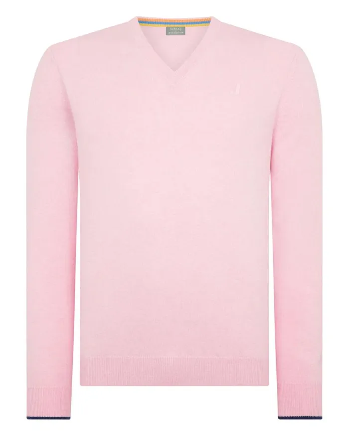 NPeal Jumpers Men The Jockey Club V Neck Cashmere Jumper Flamingo Pink