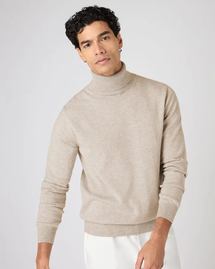 NPeal Jumpers Men Trafalgar Roll Neck Cashmere Jumper Oatmeal Brown
