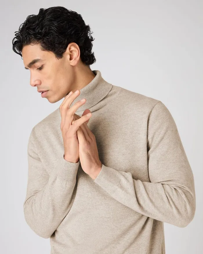 NPeal Jumpers Men Trafalgar Roll Neck Cashmere Jumper Oatmeal Brown