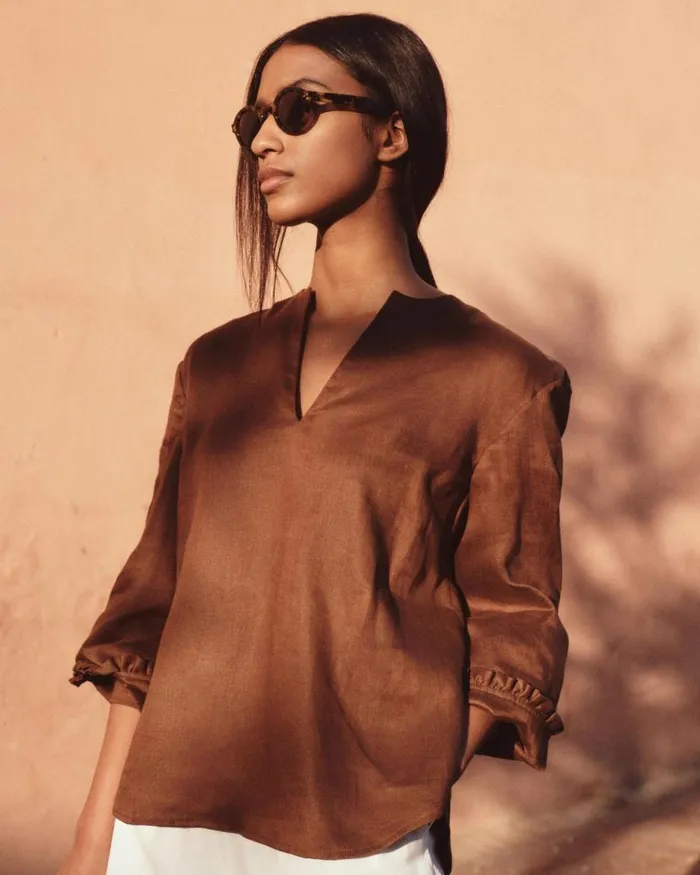 NPeal Tops and Tshirts Women Sienna Linen Top Tan Brown