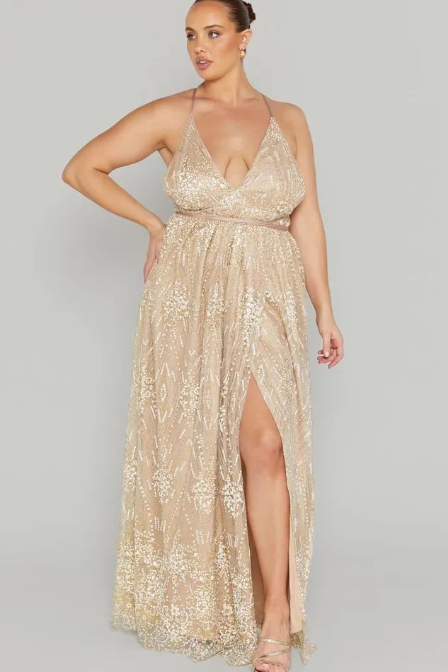 New York Nights Maxi Dress 8211 Sequin Plunge Cross Back Dress In Gold Women Showpo Curve Clothes